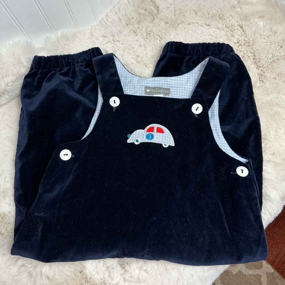 Petit Confection embroidered velveteen overalls